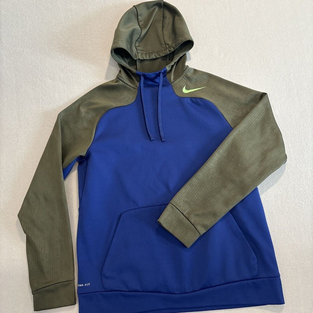 Nike Therma-Fit MEDIUM BLUE/OLIVE GREEN Hoodie Jacket Mens Logo EXCELLENT